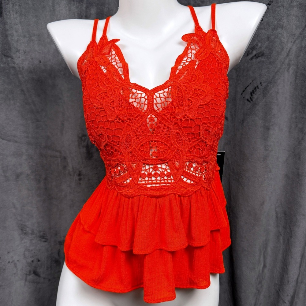 NWT Whimsigoth Fairy Grunge Orange Crochet Lace Tank Top Peplum Strappy Small